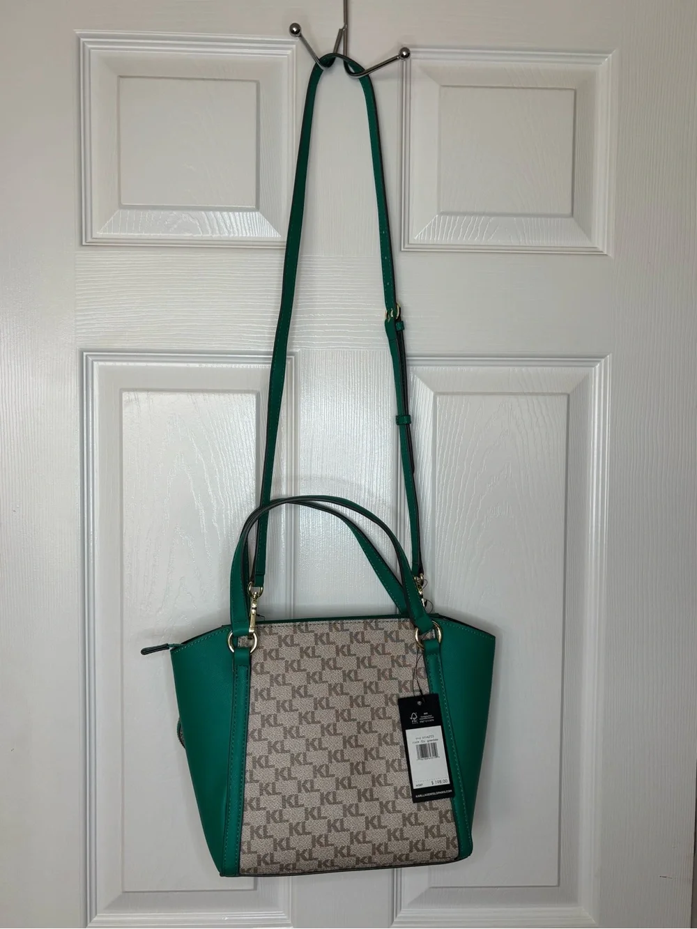 Karl Lagerfeld Teal and Beige Logo-Panel Satchel with Heart Charm